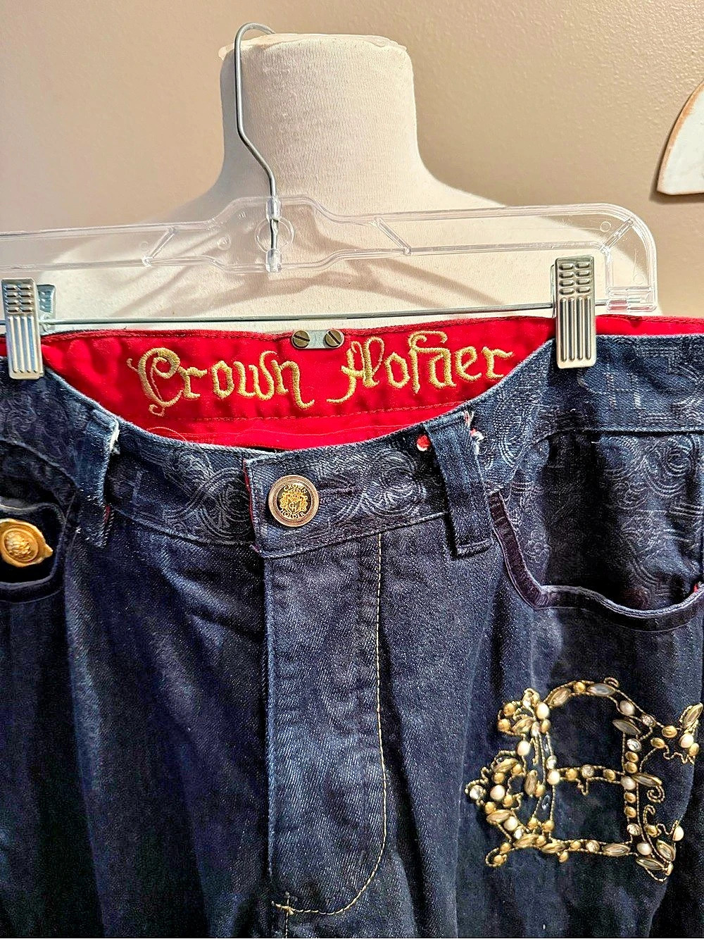 VTG Crown Holder Embellished Jeans Black & Blue Waist 36 - Picture 2 of 13